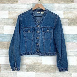 GAP VTG 90s Crop Denim Trucker Jacket Collarless V Neck Cotton Womens Small FLAW